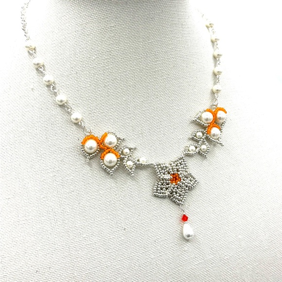 Hand Crafted Silver and Orange with Pearl Flower Necklace - Picture 3 of 9